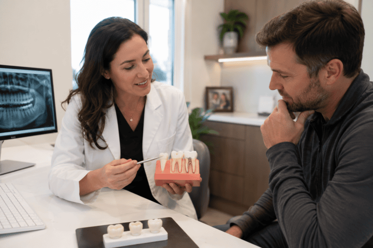 Dentist explaining the differences between a filling, an inlay, and an onlay during a restorative dentistry consultation.