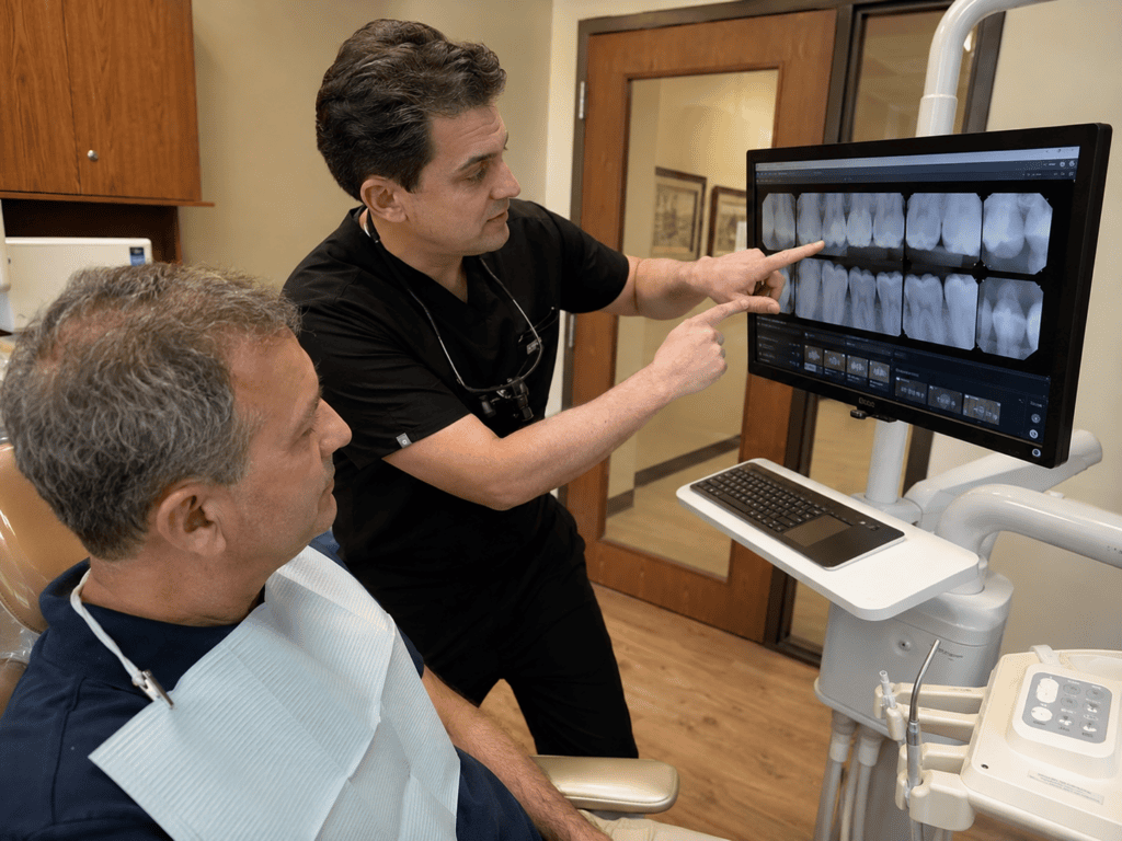 Dentist explaining dental treatment priorities to a patient during a treatment-planning consultation.