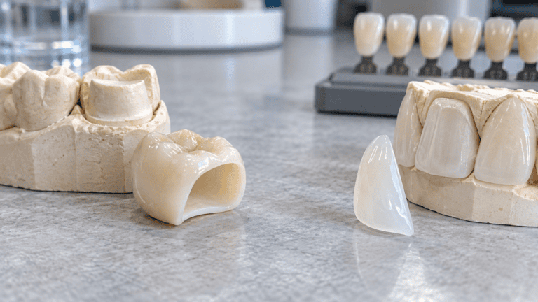 A full-coverage ceramic crown is displayed beside a thin porcelain veneer to compare their thickness, coverage, strength, and appearance.